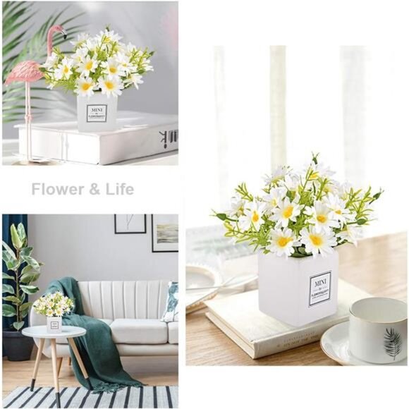 Artificial Flowers, Faux Flowers in Vase Small White Daisy Decor Mini Silky - Picture 2 of 7